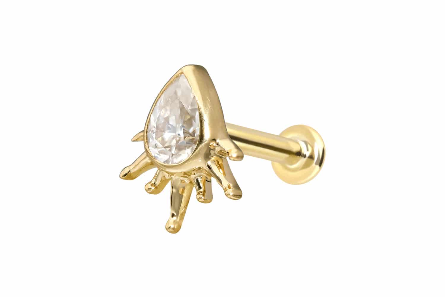 14 Karat Gold Labret Piercing mit Innengewinde MOISSANIT-TROPFEN + SONNENSTRAHLEN
